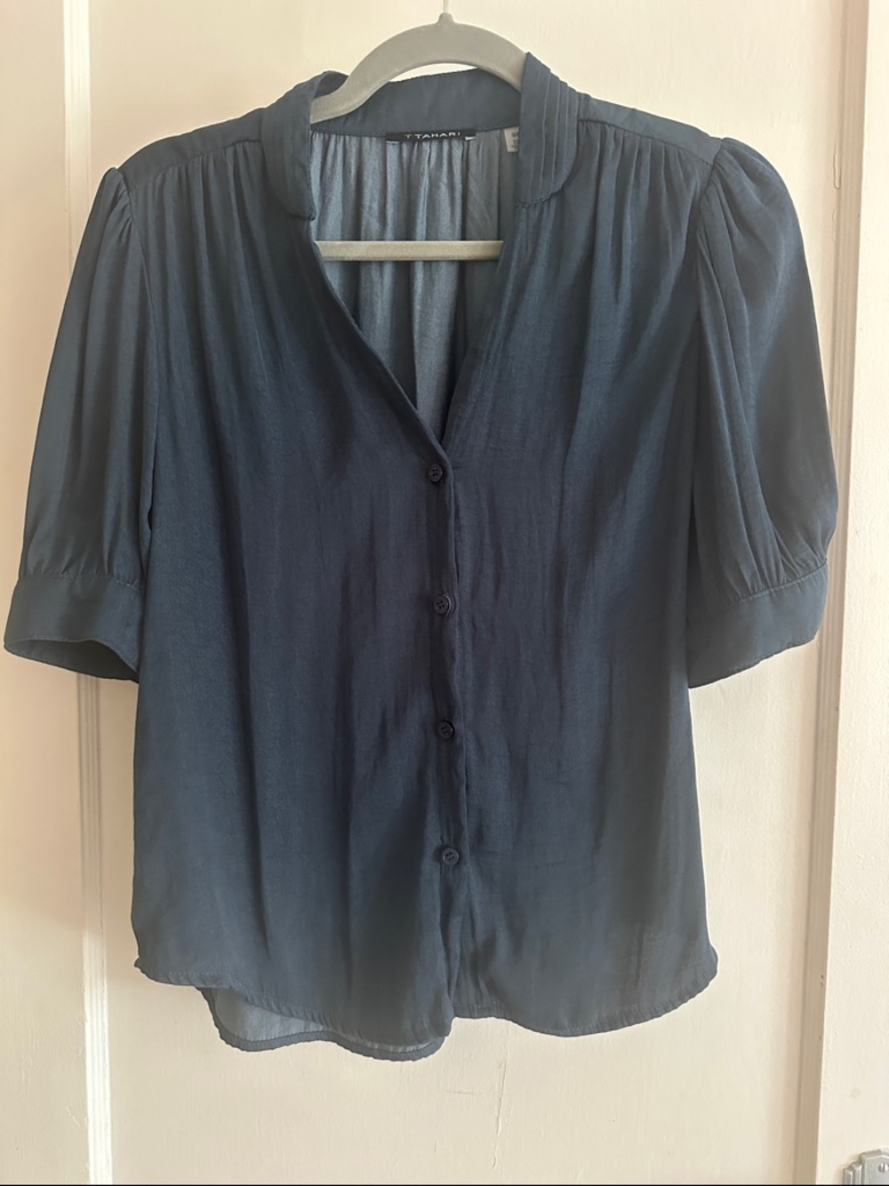 Tahari Deep Navy Puff Sleeve Button-Front Blouse T-Tahari Split Neck Top